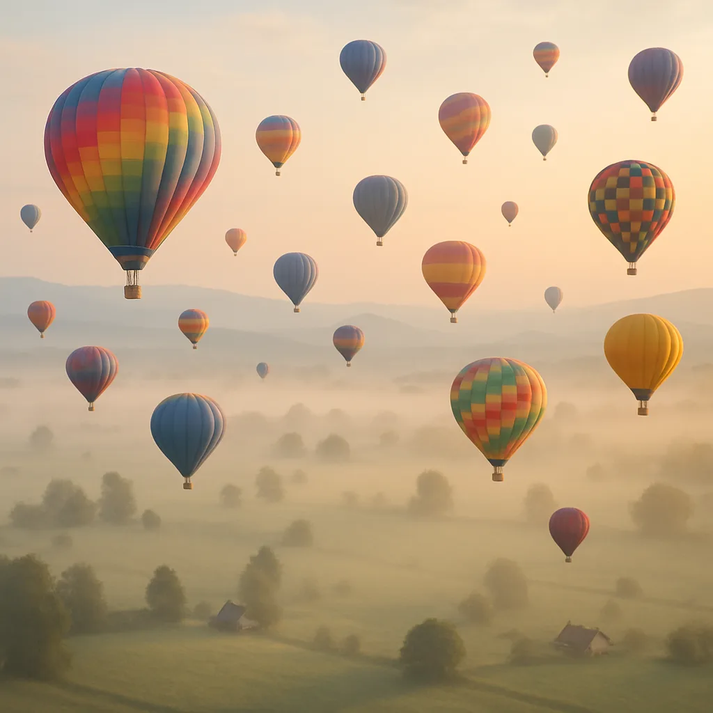 Many Colorful Hot Air Balloons Drift Lazily in the Early