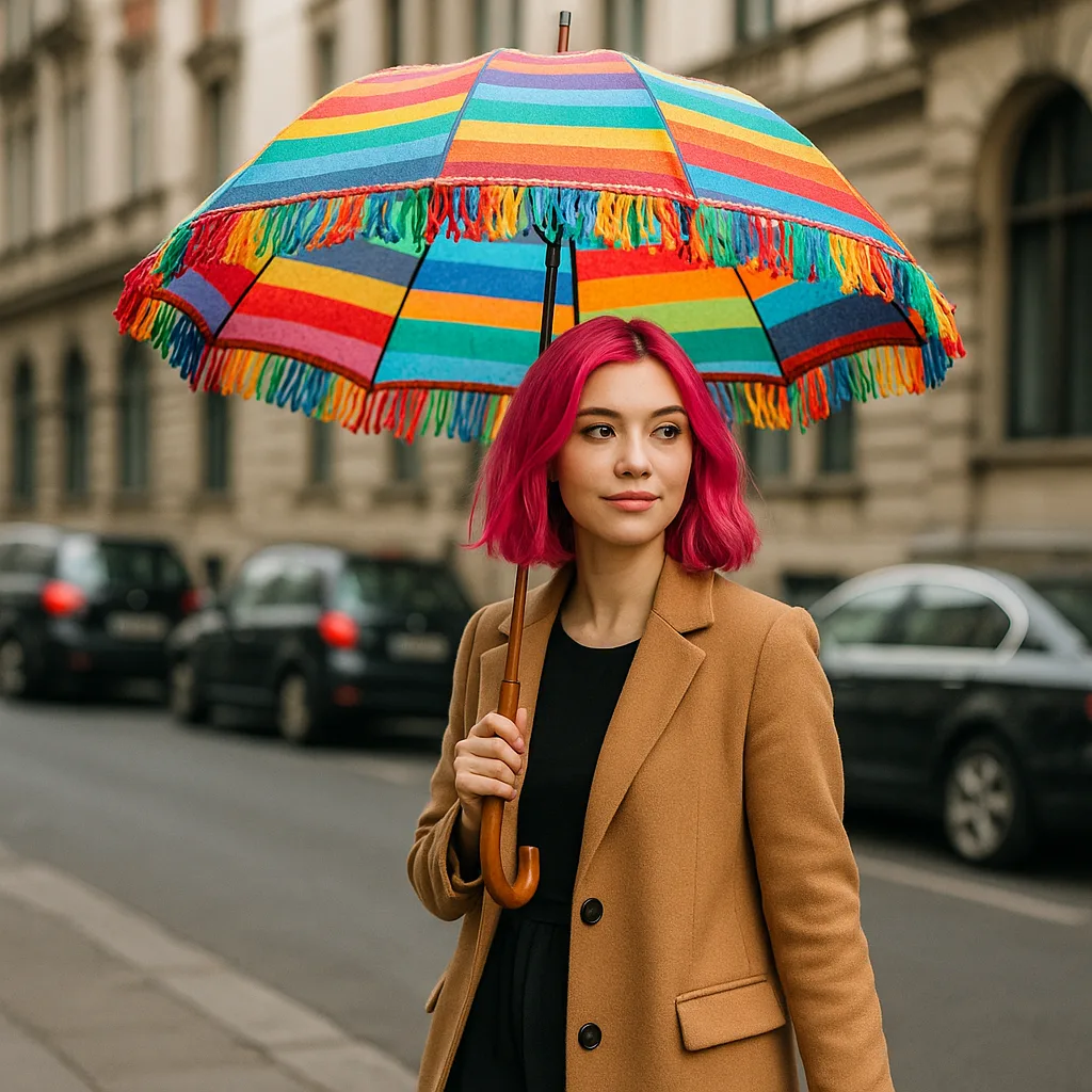 Woman with Pink Hair Holds a Colorful Fringed Umbrella