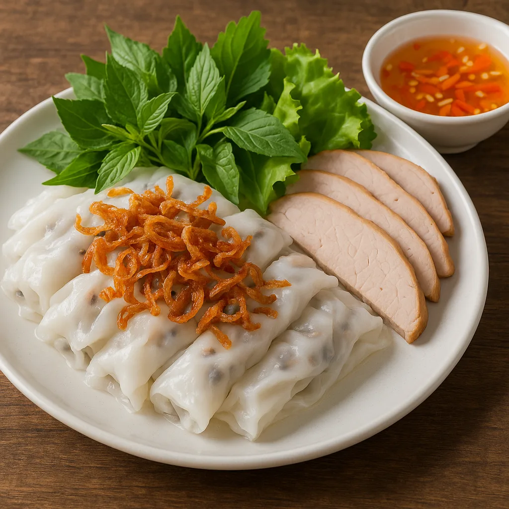 Plated Dish of Vietnamese Banh Cuon with Sliced Pork