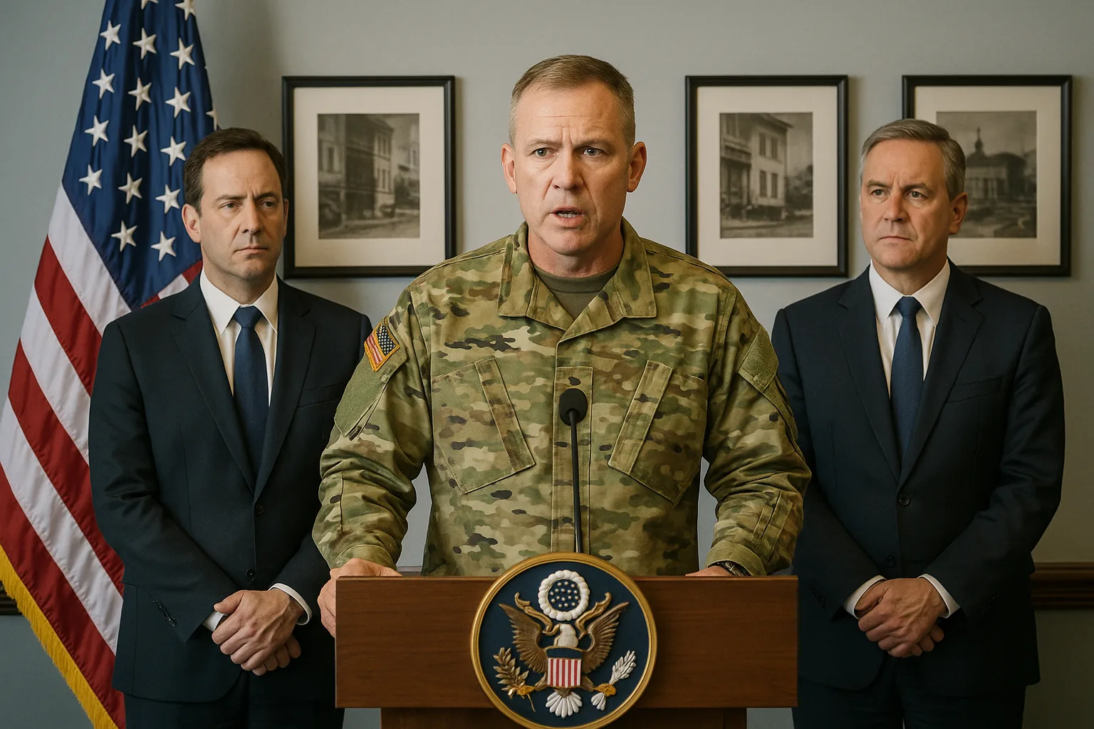 Military Officer in Camouflage Stands at a Podium
