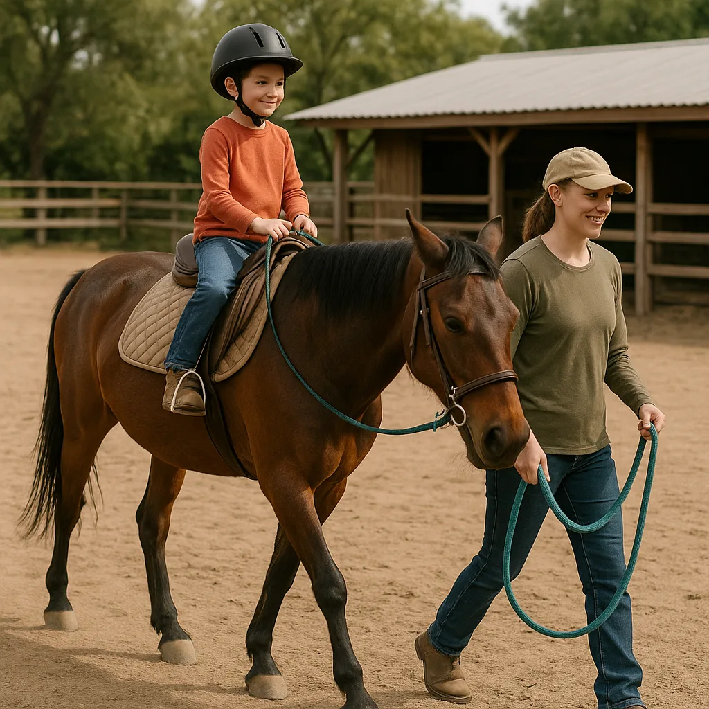 Child Wearing a Helmet Rides a Horse