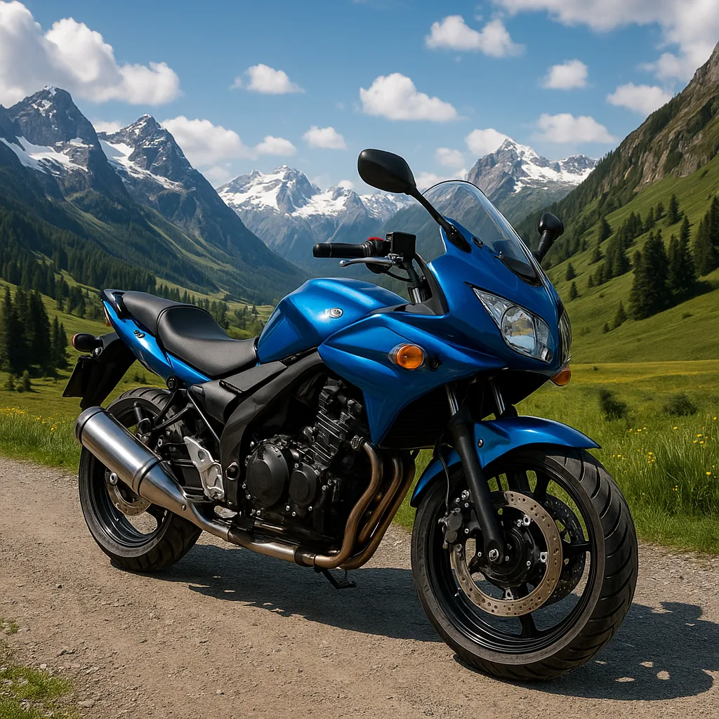 Blue Motorcycle Stationary in a Picturesque Mountain