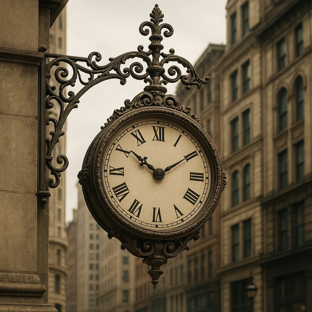 Ornate Vintage Clock Mounted on a Decorative Metal Bracket