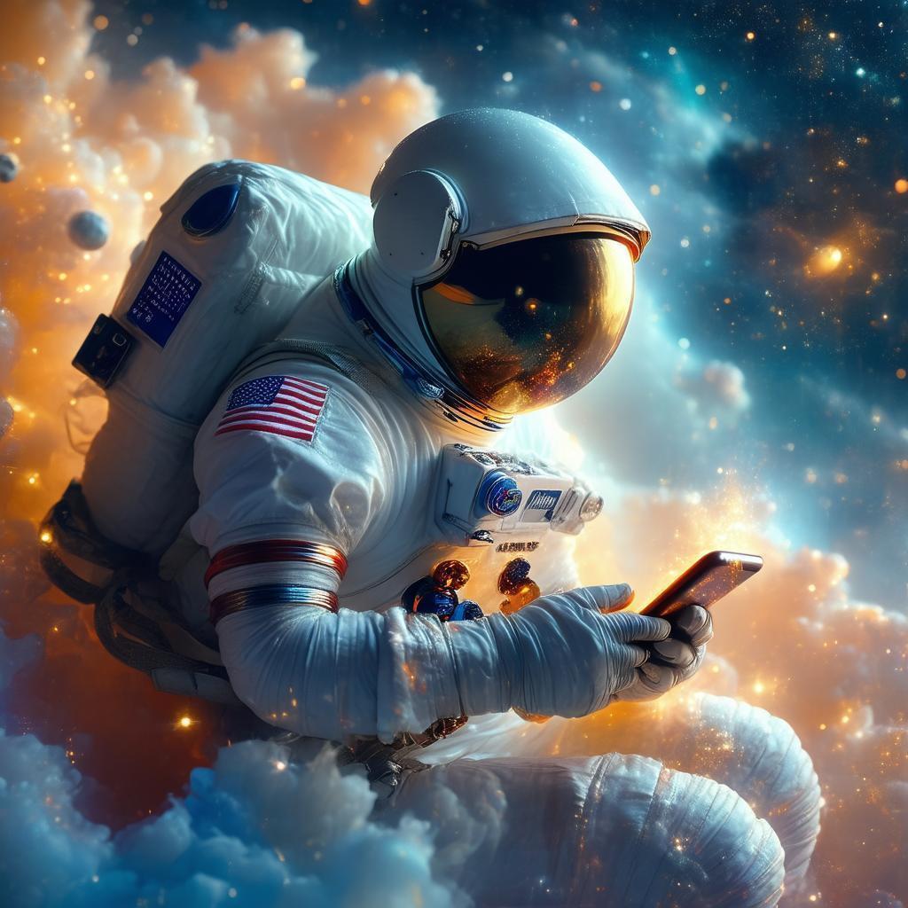 Sixties Astronaut Scrolls an Enchanted Smartphone in Space