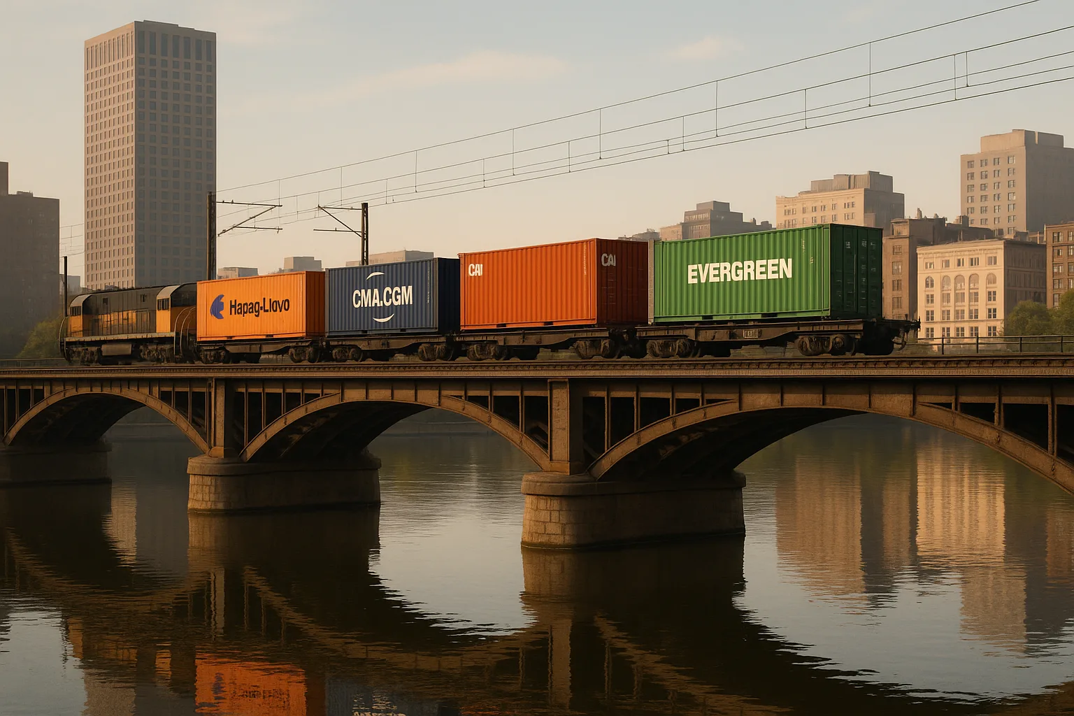 Train Carrying Shipping Containers Crosses a Bridge