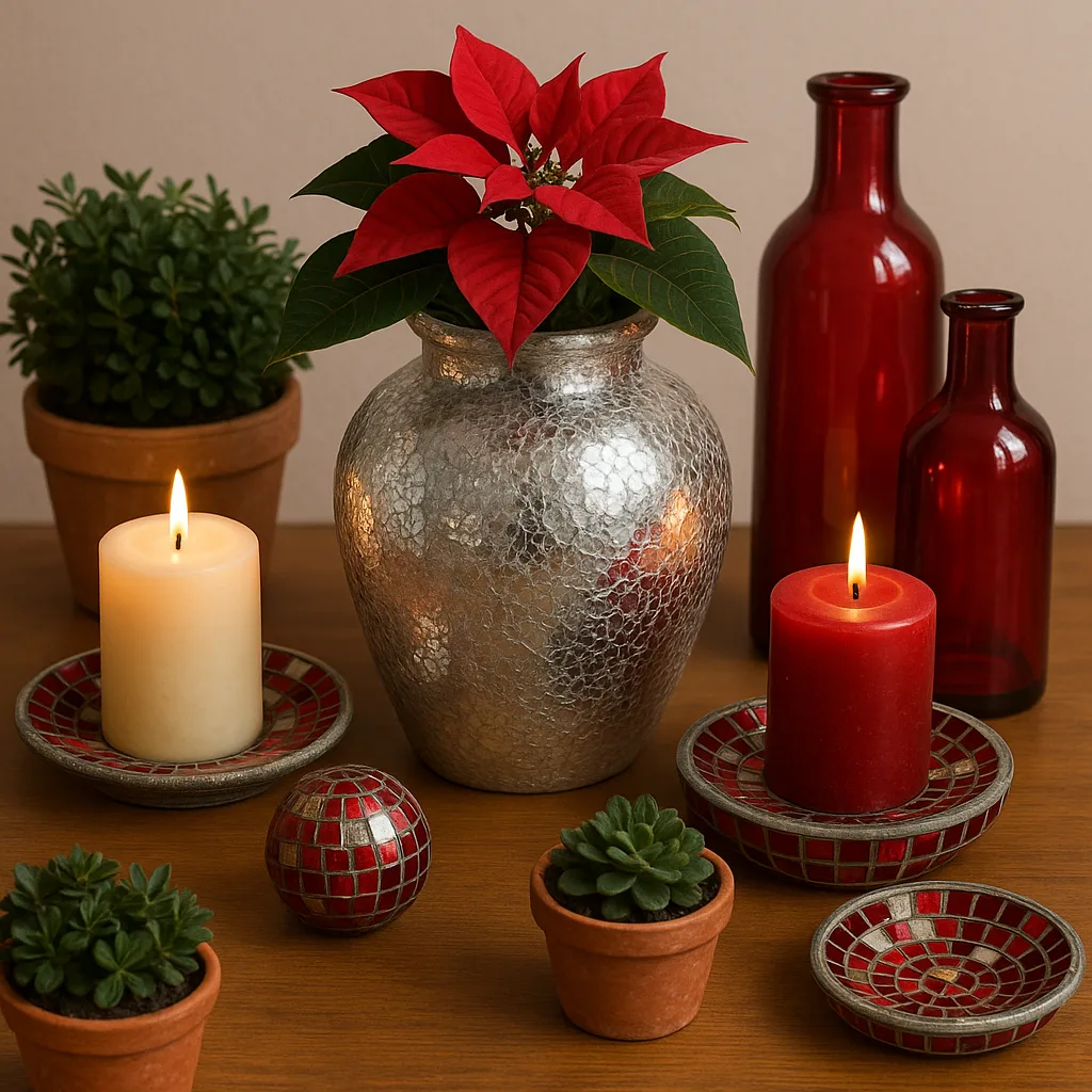 Festive Decorative Arrangement Featuring a Silver Crackle Vase
