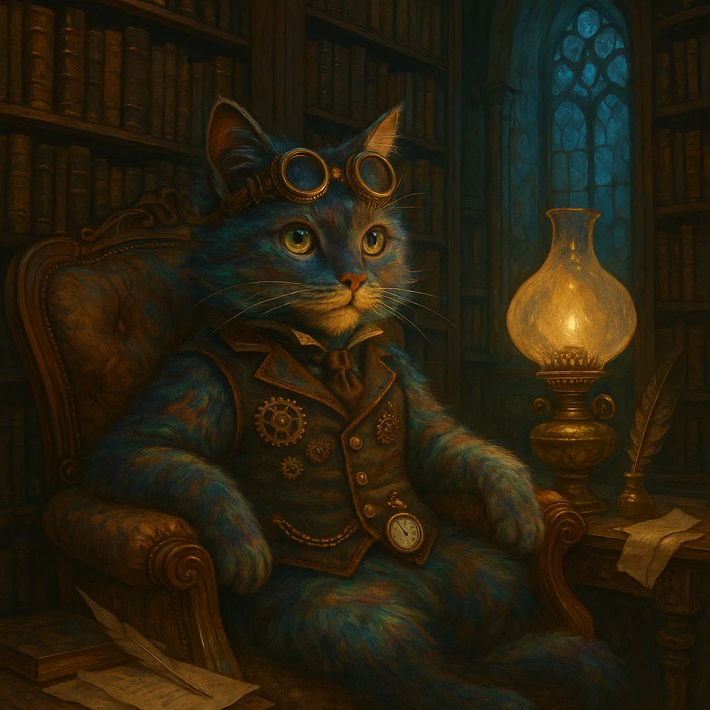 Imaginative Steampunk-inspired Feline Character Set Within a Lavish Victorian Library