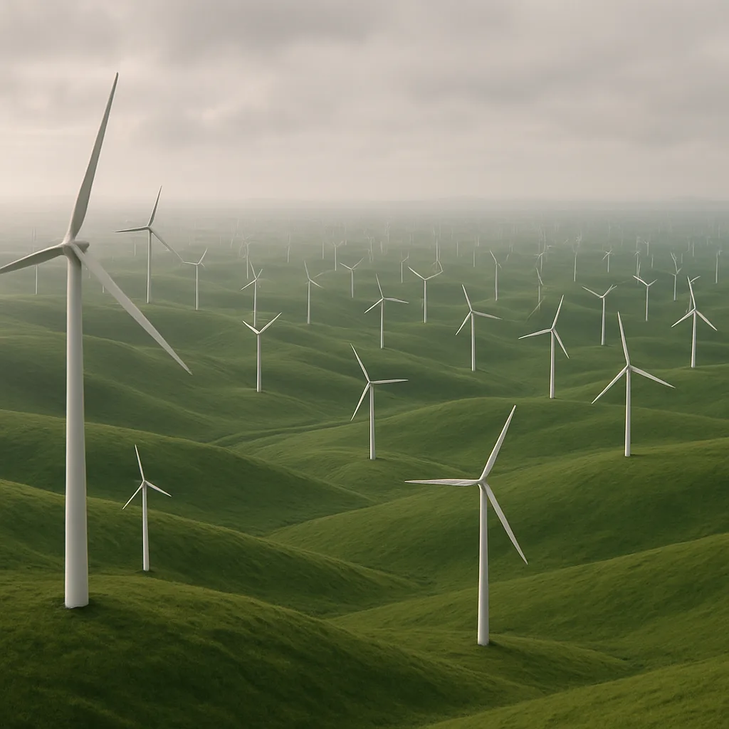 Countless Shimmering Wind Turbines Stretch Across Rolling Green Hills