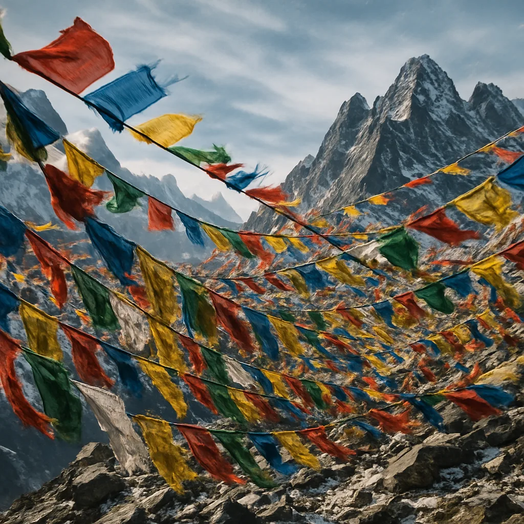 Multitude of Brightly Colored Prayer Flags Flutter Violently