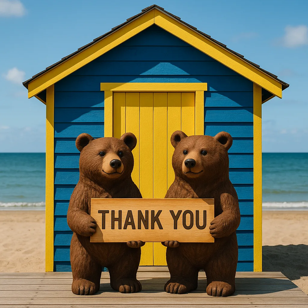 Two Bear Sculptures Holding a "Thank You" Sign in Front