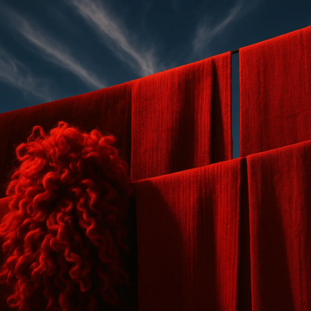 Vibrant Red Wool Staples and Thin Textiles in a Dynamic