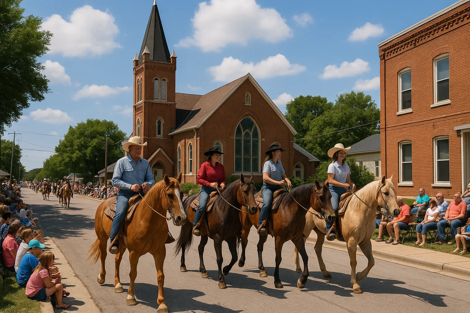 Small-town Parade with People Riding Horses Past a Church