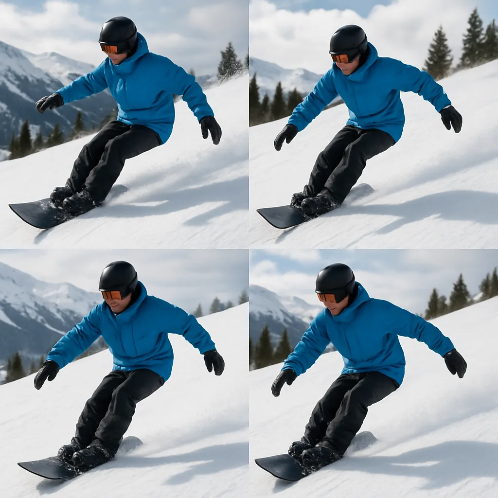 Four-image Collage Showcasing a Snowboarder Dressed in a Blue Jacket