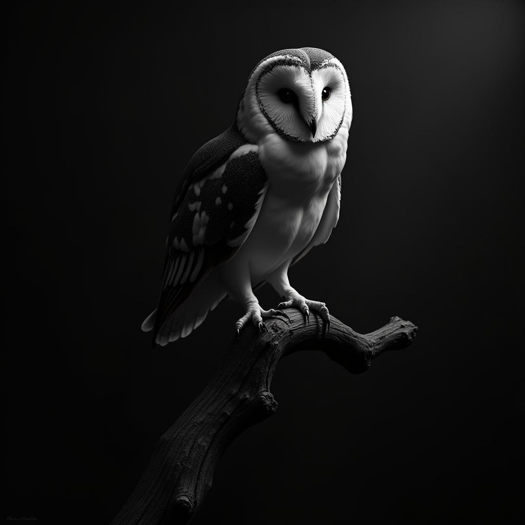 Solitary Barn Owl in Black and White Chiaroscuro