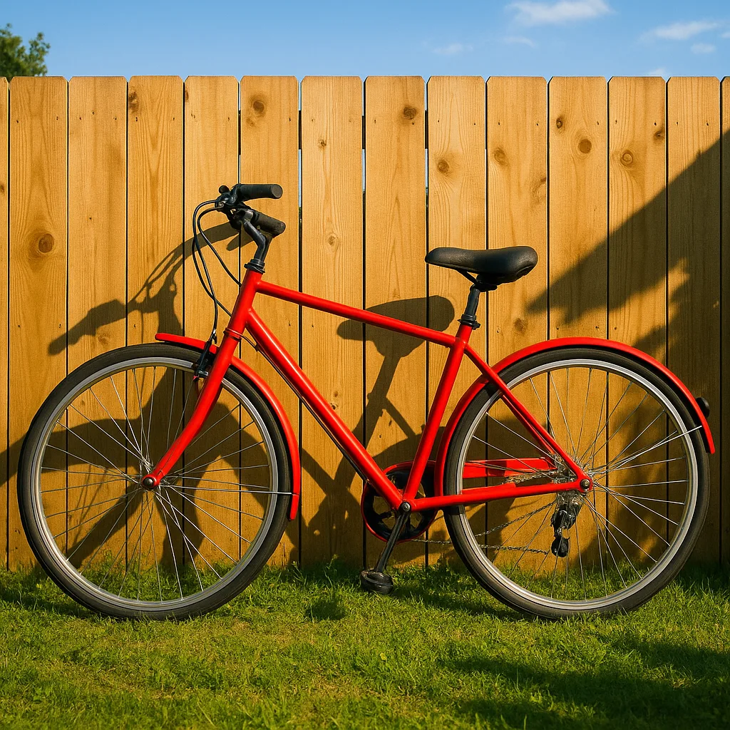 Vibrant Red Bike Resting Against a Rustic Wooden Fence