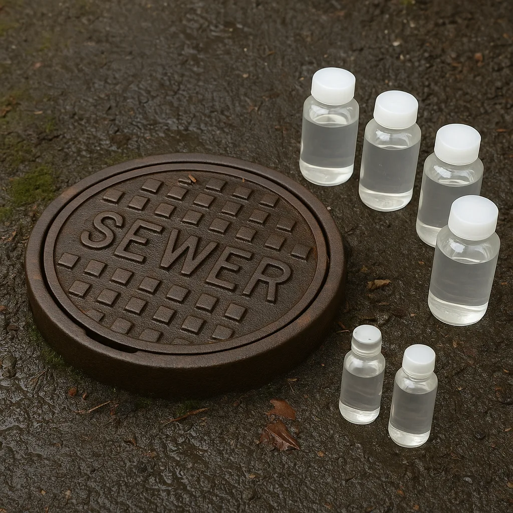 Labeled Sewer Manhole Cover Surrounded by Damp Ground
