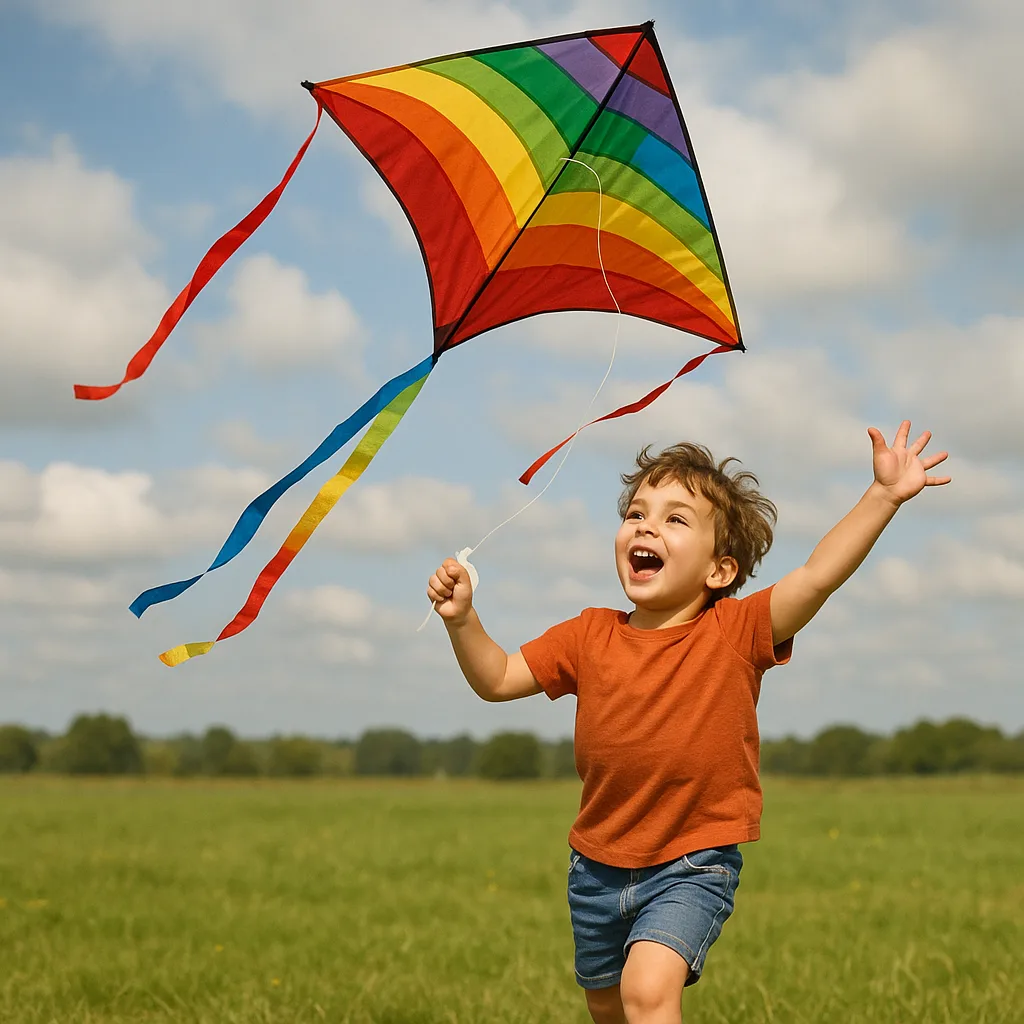 Cheerful Child Is Chasing After a Vibrant Kite