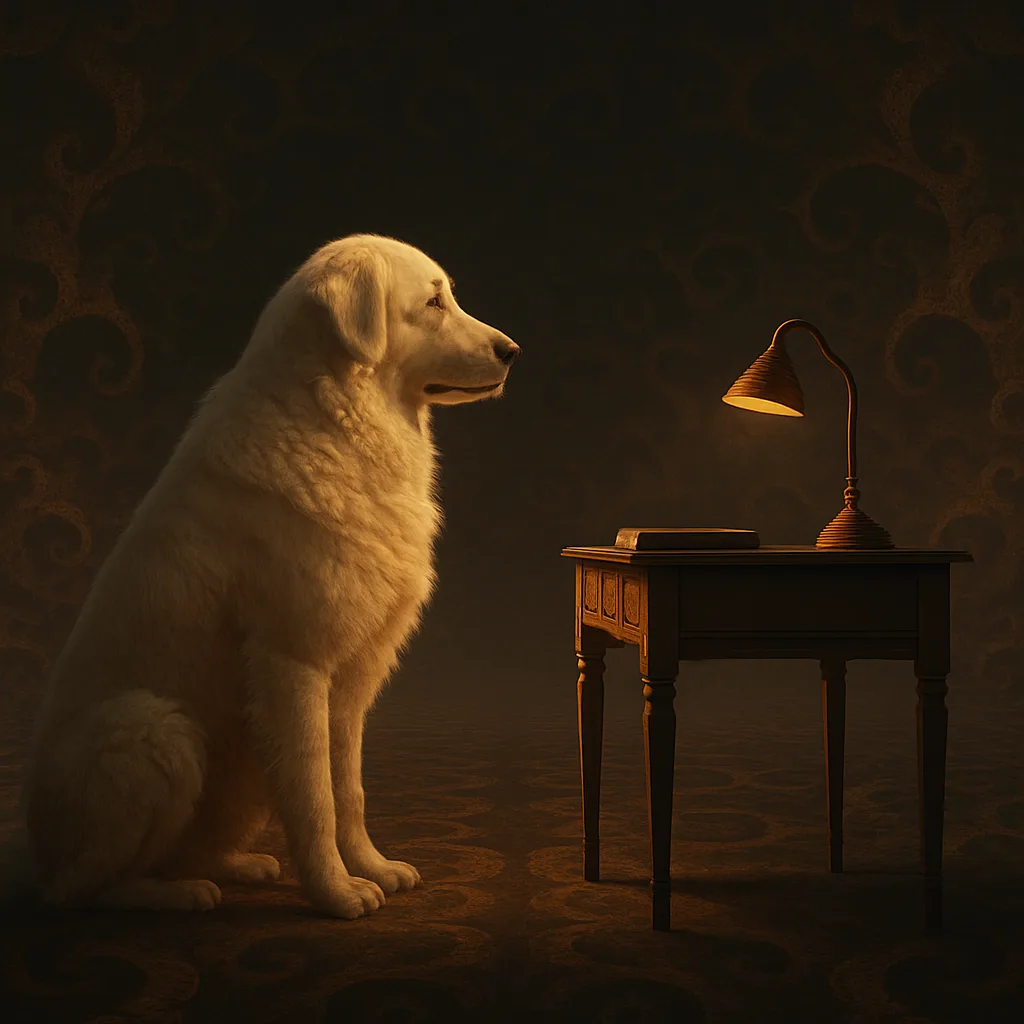 Kuvasz and Desk in Profile