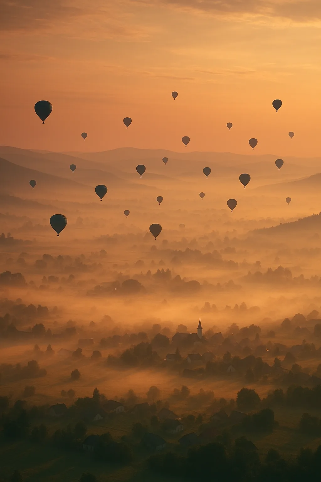 Numerous Distant Hot Air Balloons Drift Serenely