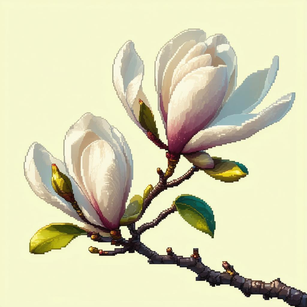 Isolated Magnolia Rendered in Retro Pixel Art