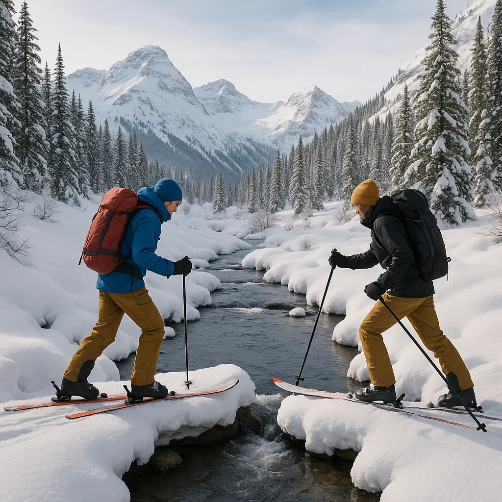 Two People on Skis Carefully Crossing a Snowy Stream