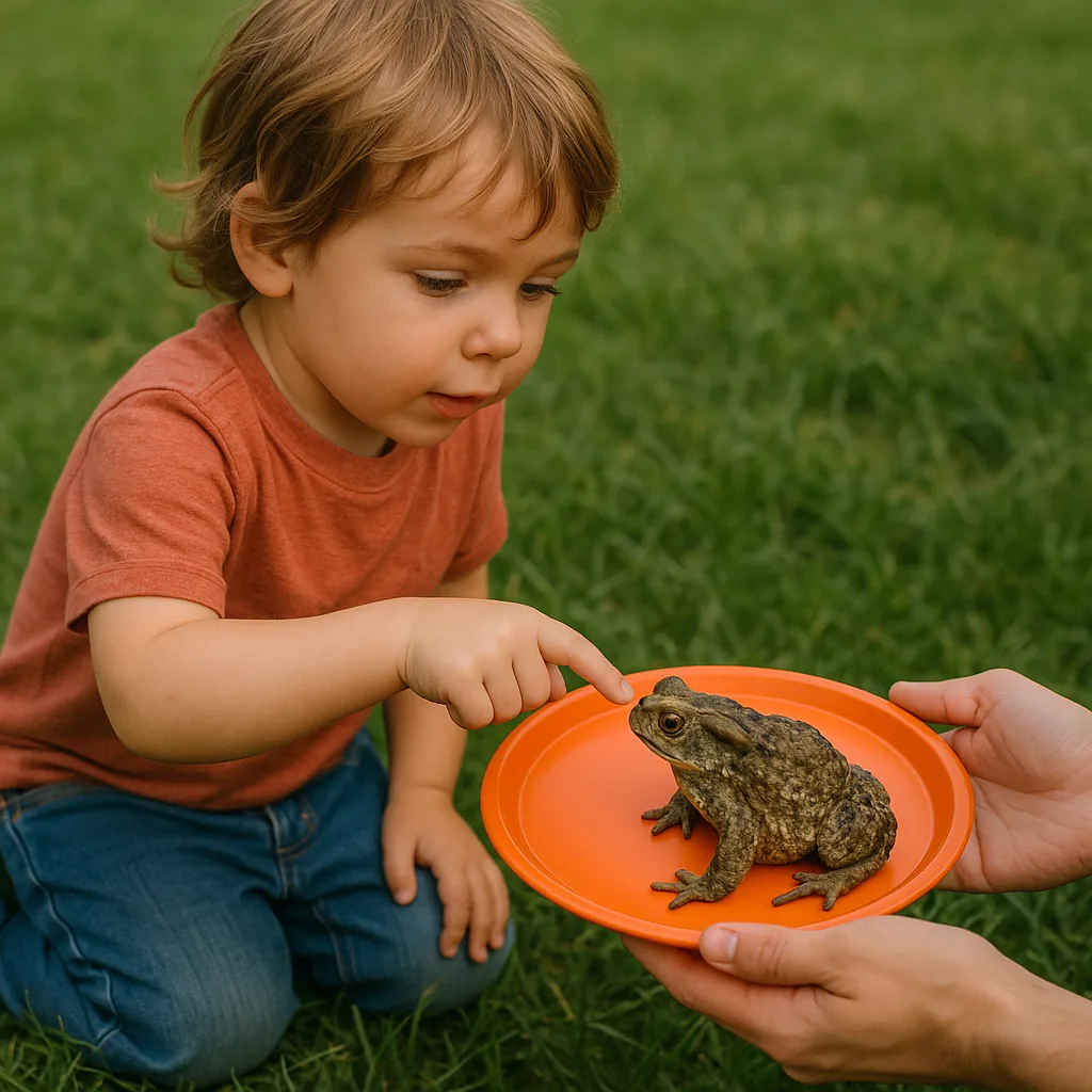 Child Kneels on the Grass Pointing at a Toad
