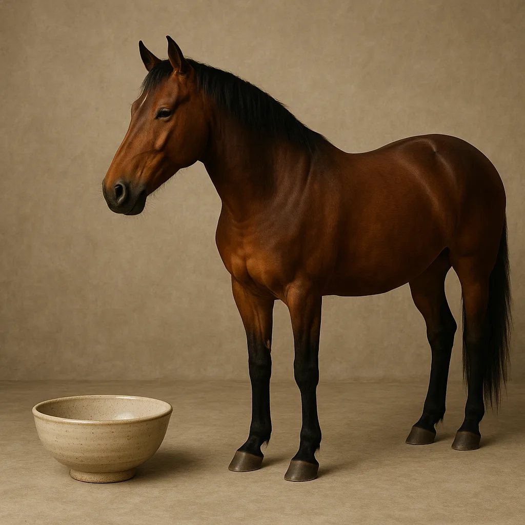 Ceramic Bowl Positioned on the Left Side of a Horse