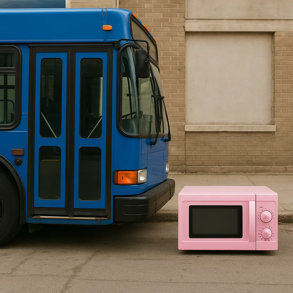 Pink Microwave Positioned Beside a Blue Bus