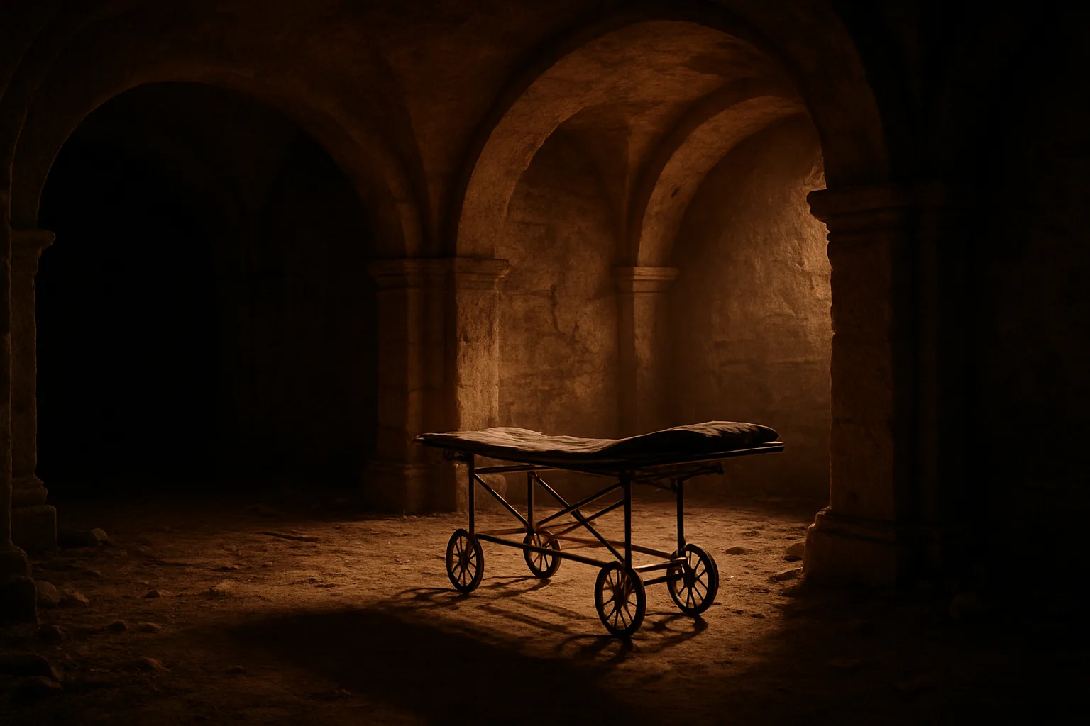 Lone Stretcher Rests in a Forgotten Subterranean Crypt
