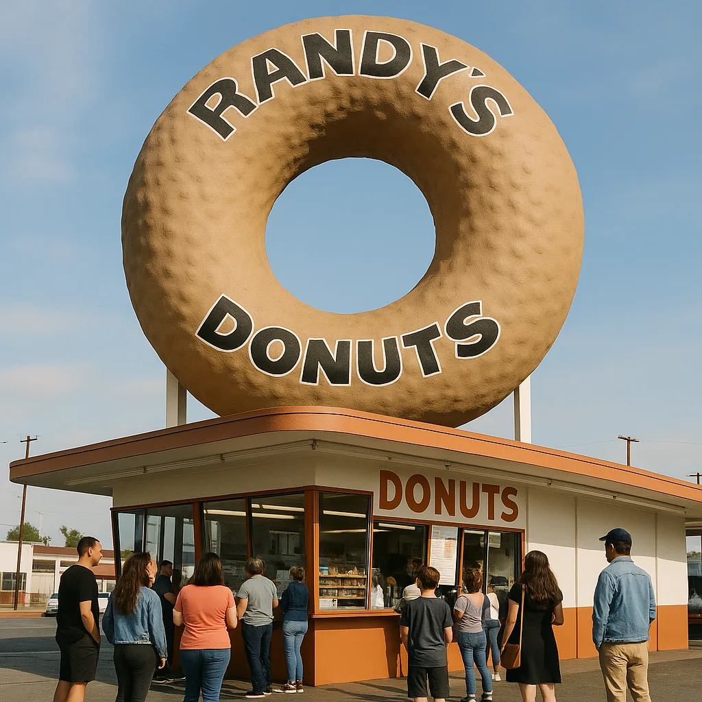 Donut Shop with a Giant Donut-shaped Sign Reading "Randy's Donuts"