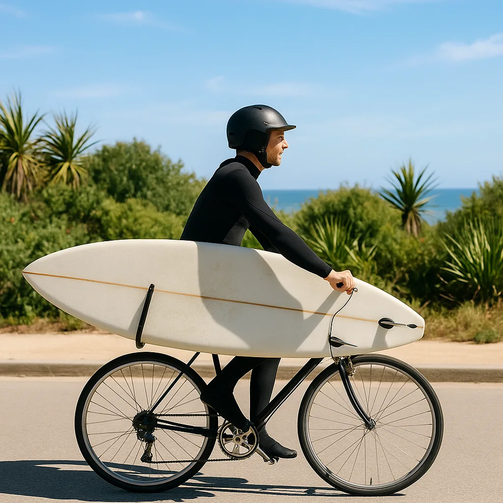 Person Wearing a Helmet and Wetsuit Is Riding a Bicycle