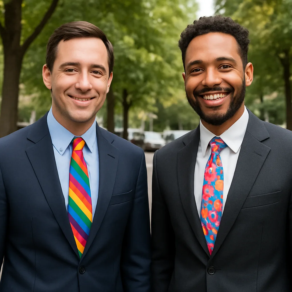 Two Men Wearing Colorful Ties and Formal Suits Standing Outdoors