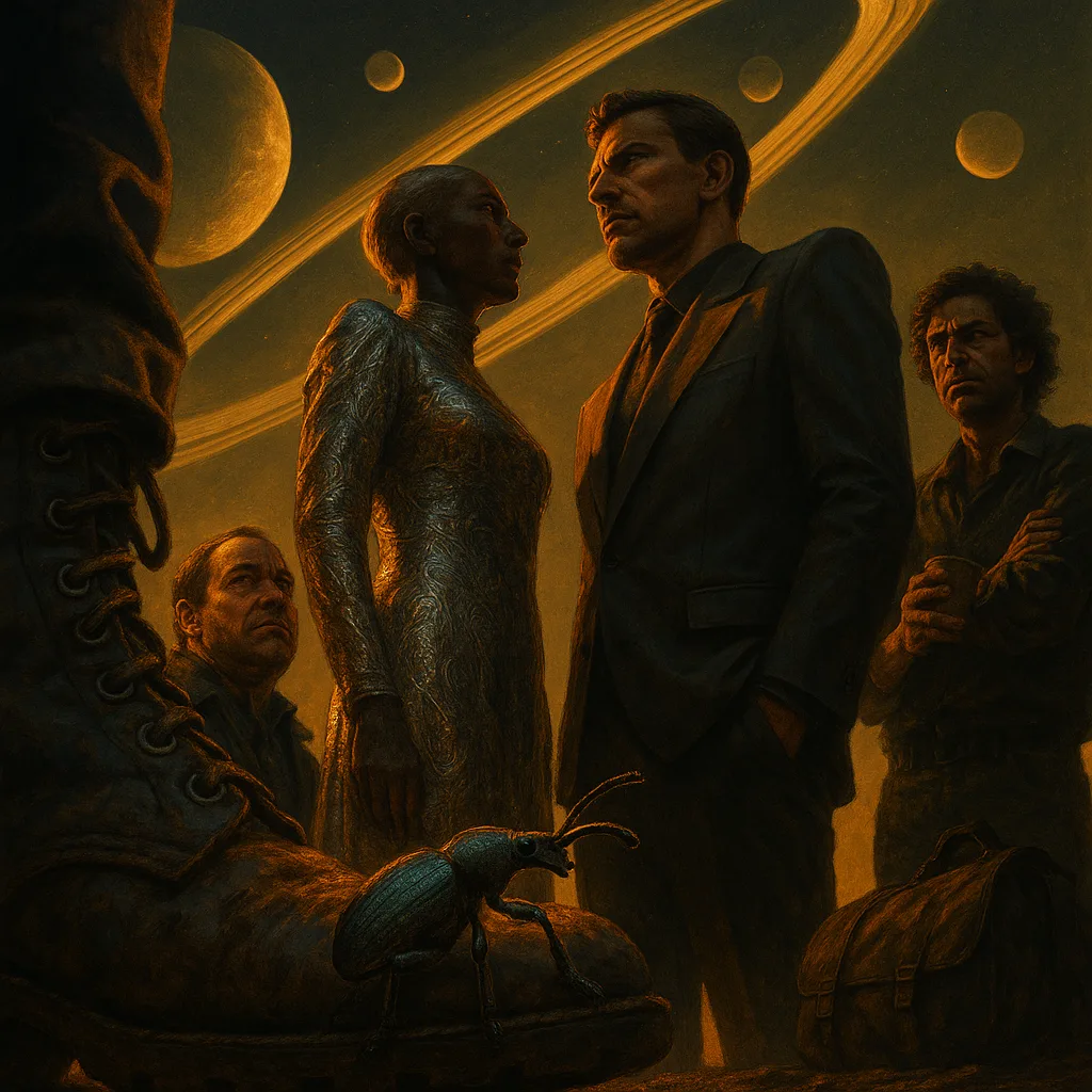 Four Imposing Figures Engage in a Tense Interaction
