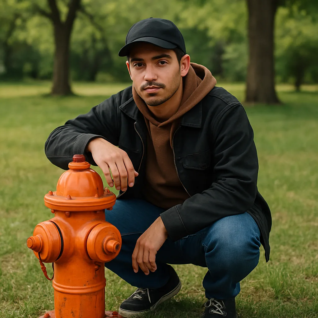 Person Crouching Next to an Orange Fire Hydrant