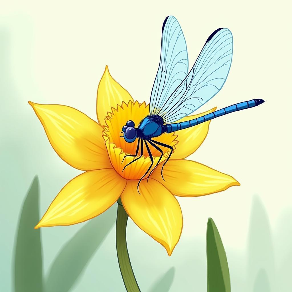 Blue Dragonfly on a Daffodil in Whiteboard Lines