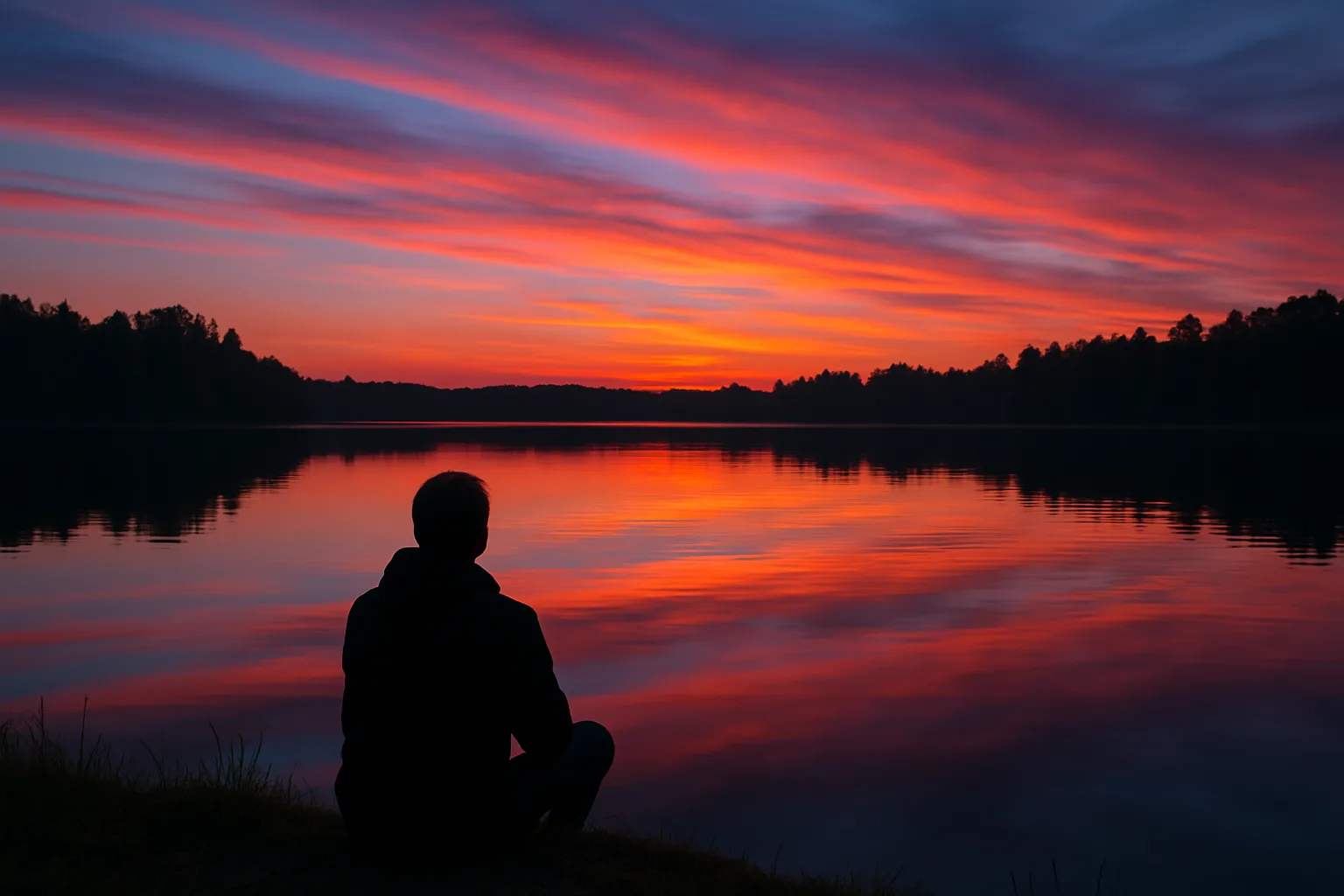 Person Sits by a Tranquil Lake
