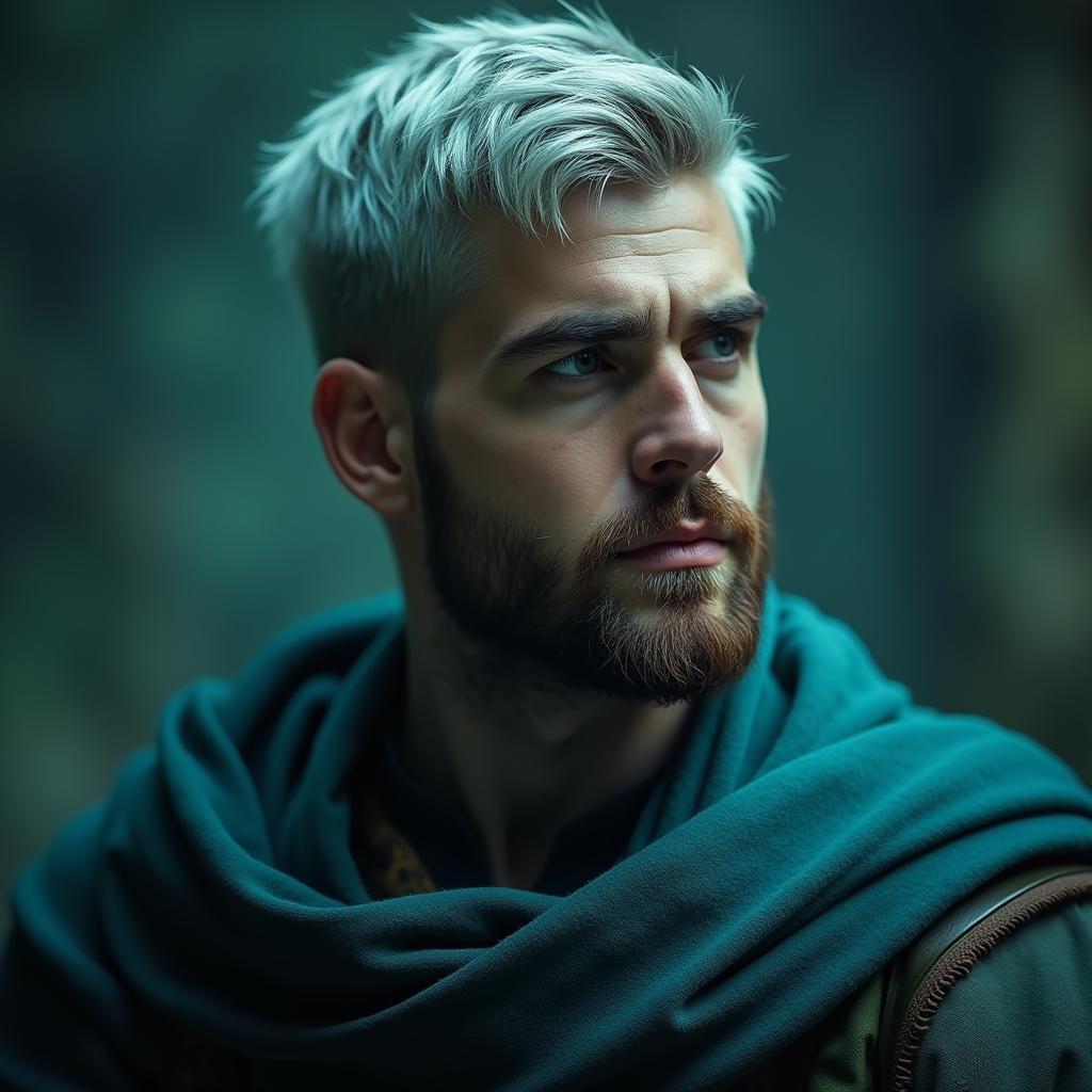 Silver Haired Aasimar Paladin in Teal Cinematic Light