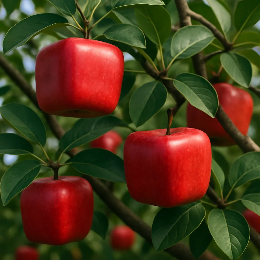 Cubic Red Apples Dangle from a Tree