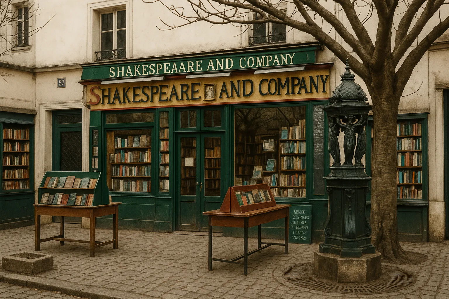 Historic Bookstore with Green Signage Reading "Shakespeare and Company"
