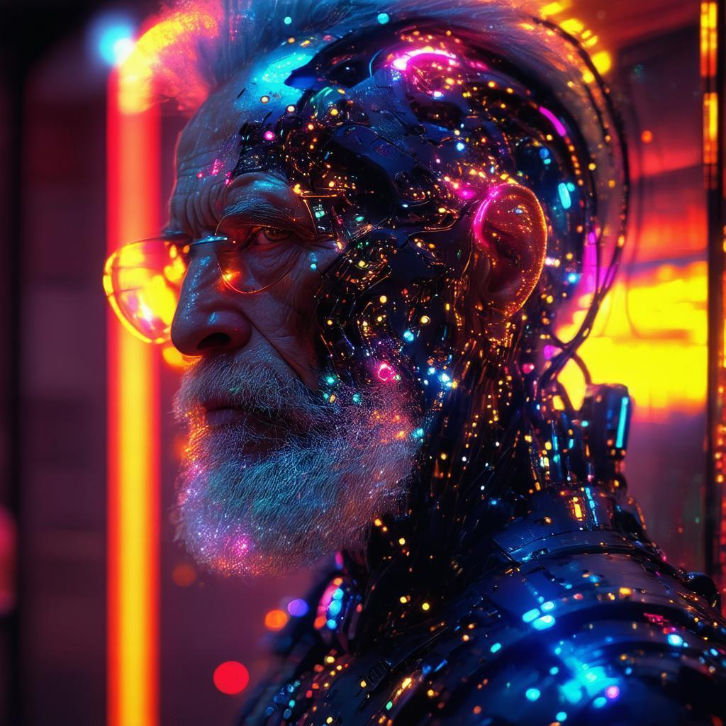 Cosmic Old Man With Cybernetic Neonpunk Enhancements