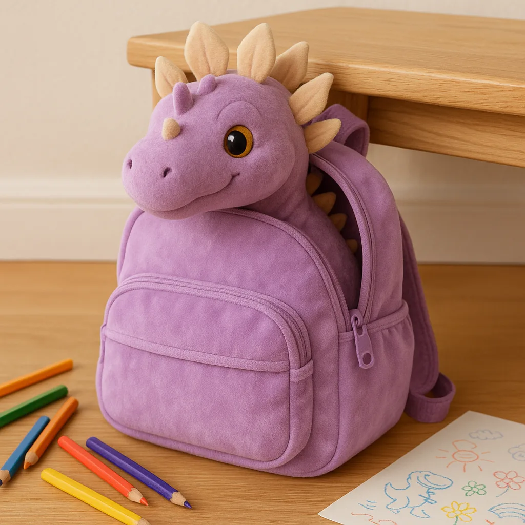 Delightful Lilac Backpack Rests Against a Light Oak Bench