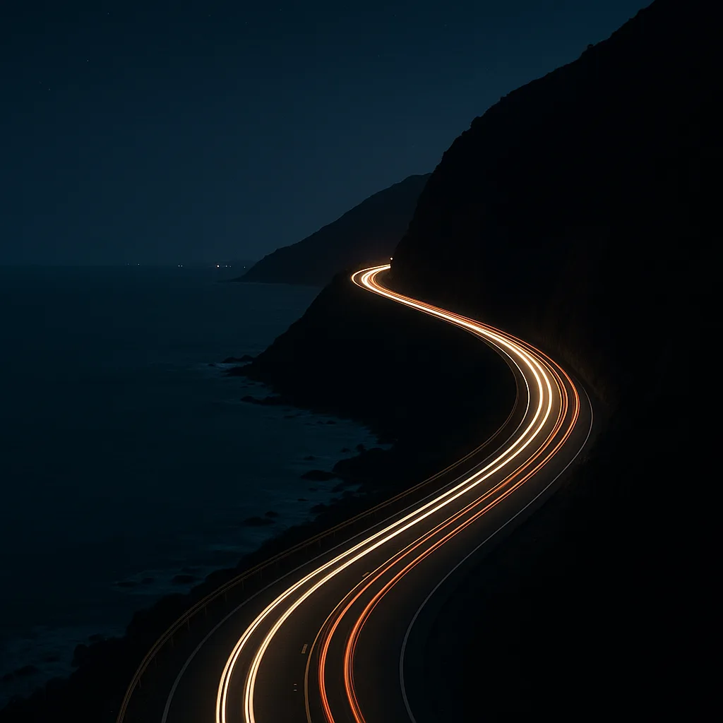 Many Distant Vehicles Create a Winding Ribbon of Light Along