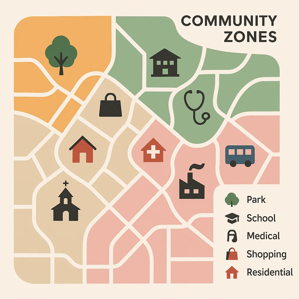 Map Showcasing Community Zones and Categorized Facilities Within Specific Areas