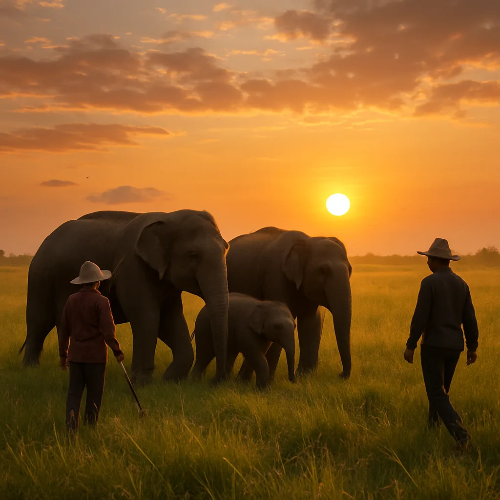 Two Men Are Leading a Herd of Elephants
