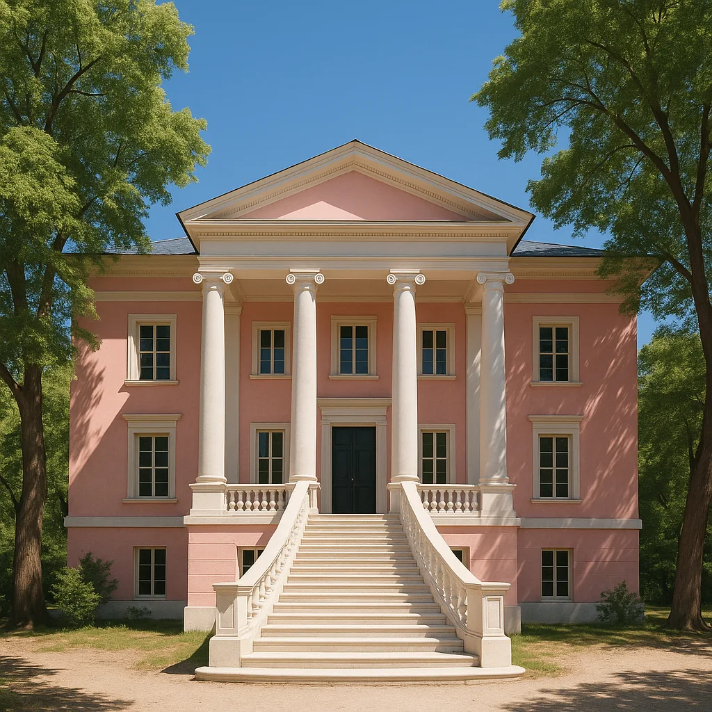 Pink Building with White Pillars and Stairs Surrounded by Trees
