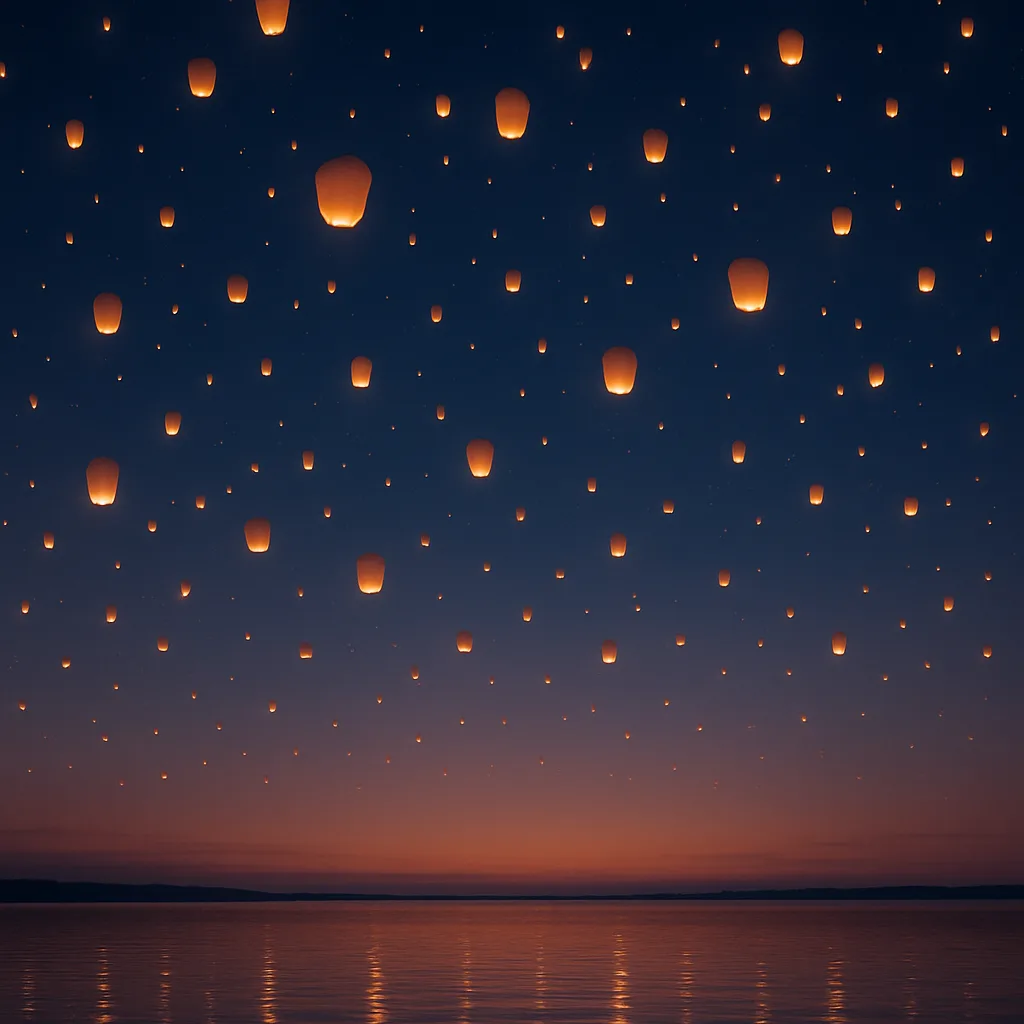 Myriad Distant Lanterns Float Serenely Upwards into a Twilight Sky