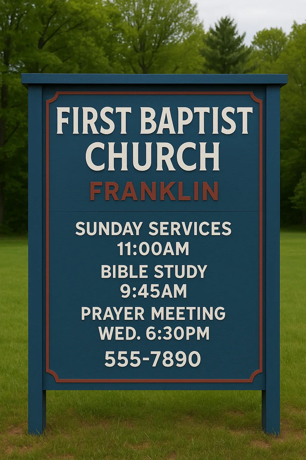 Blue and Red Wooden Sign for First Baptist Church Franklin