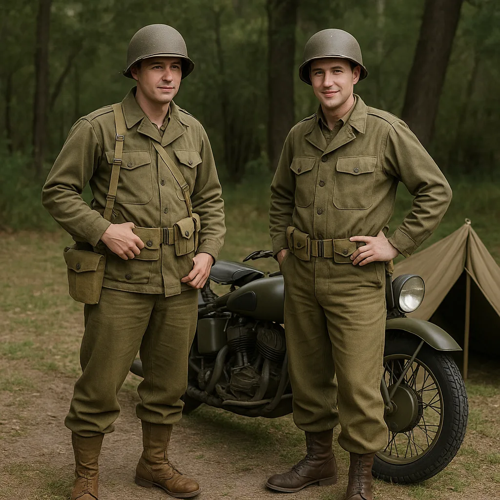 Two Soldiers in Vintage Military Uniforms Stand near a Motorcycle