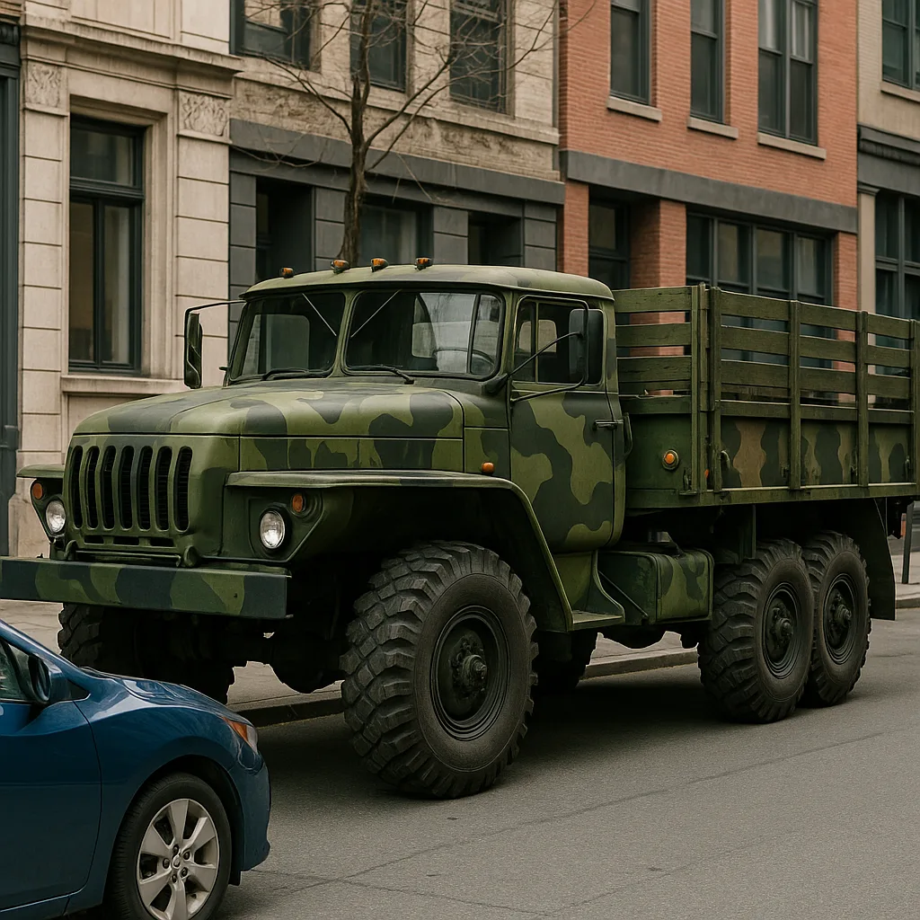 Military-style Green Camouflage Truck Is Parked on a City Street