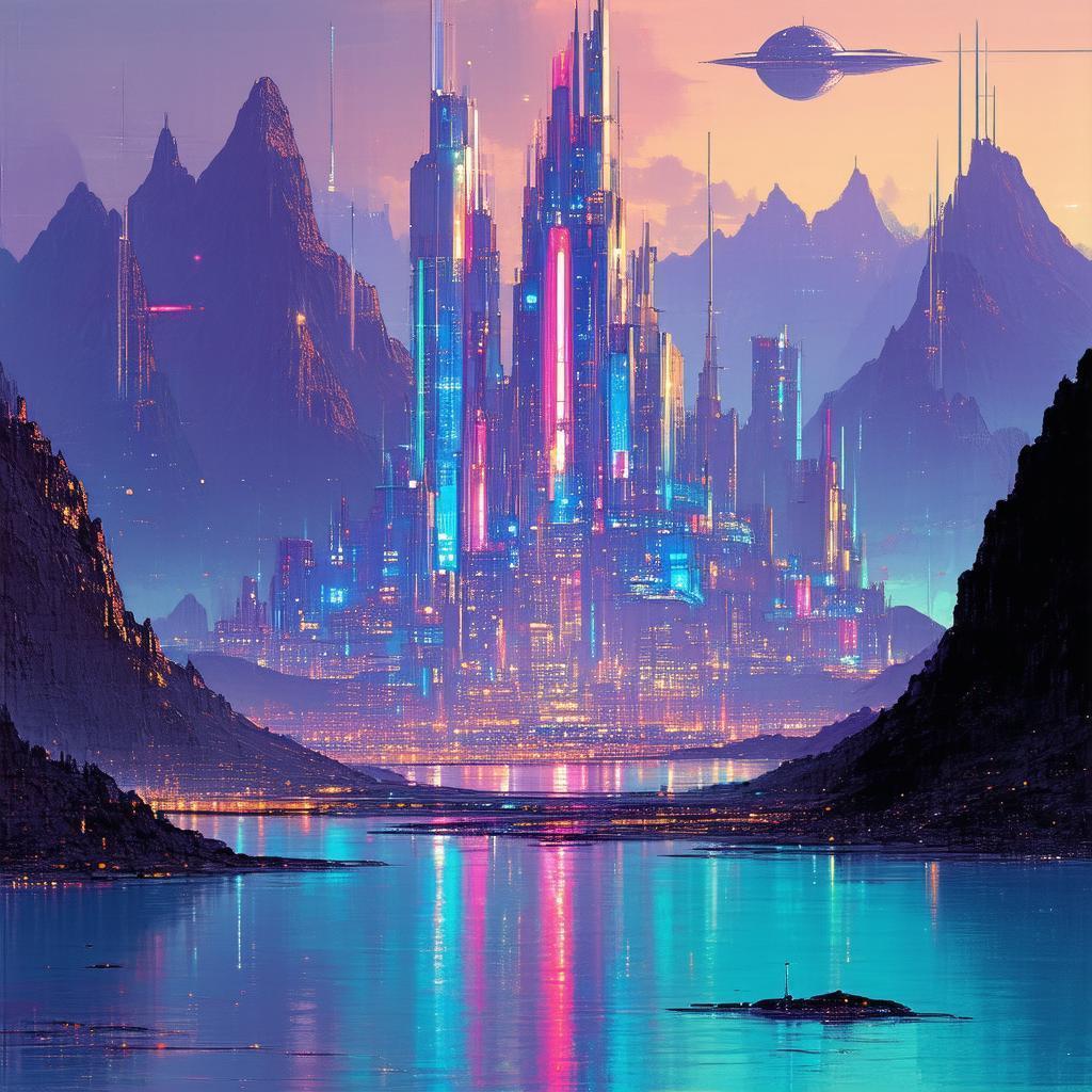 Grainy Futuristic Towers Reflected in Moody Waters